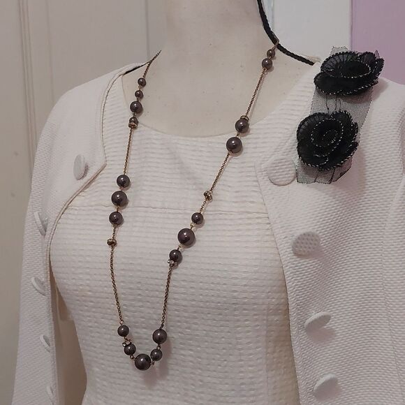 J.Crew Brown Faux Pearls and Gold Tone Asymmetrical Station Necklace - Picture 2 of 7